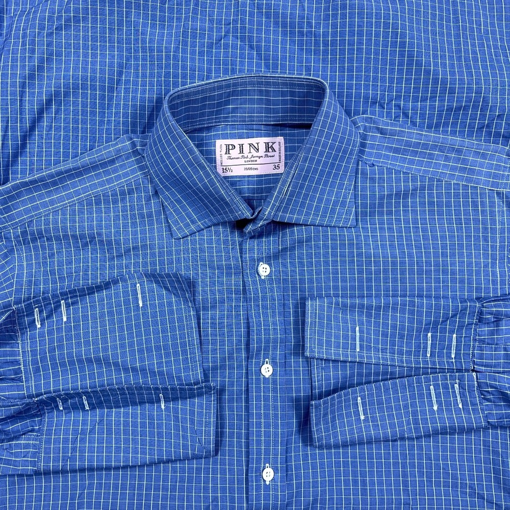 Thomas Pink Shirt Men 15.5 35 Blue Button Up Dress French Cuff Poplin Grid Check